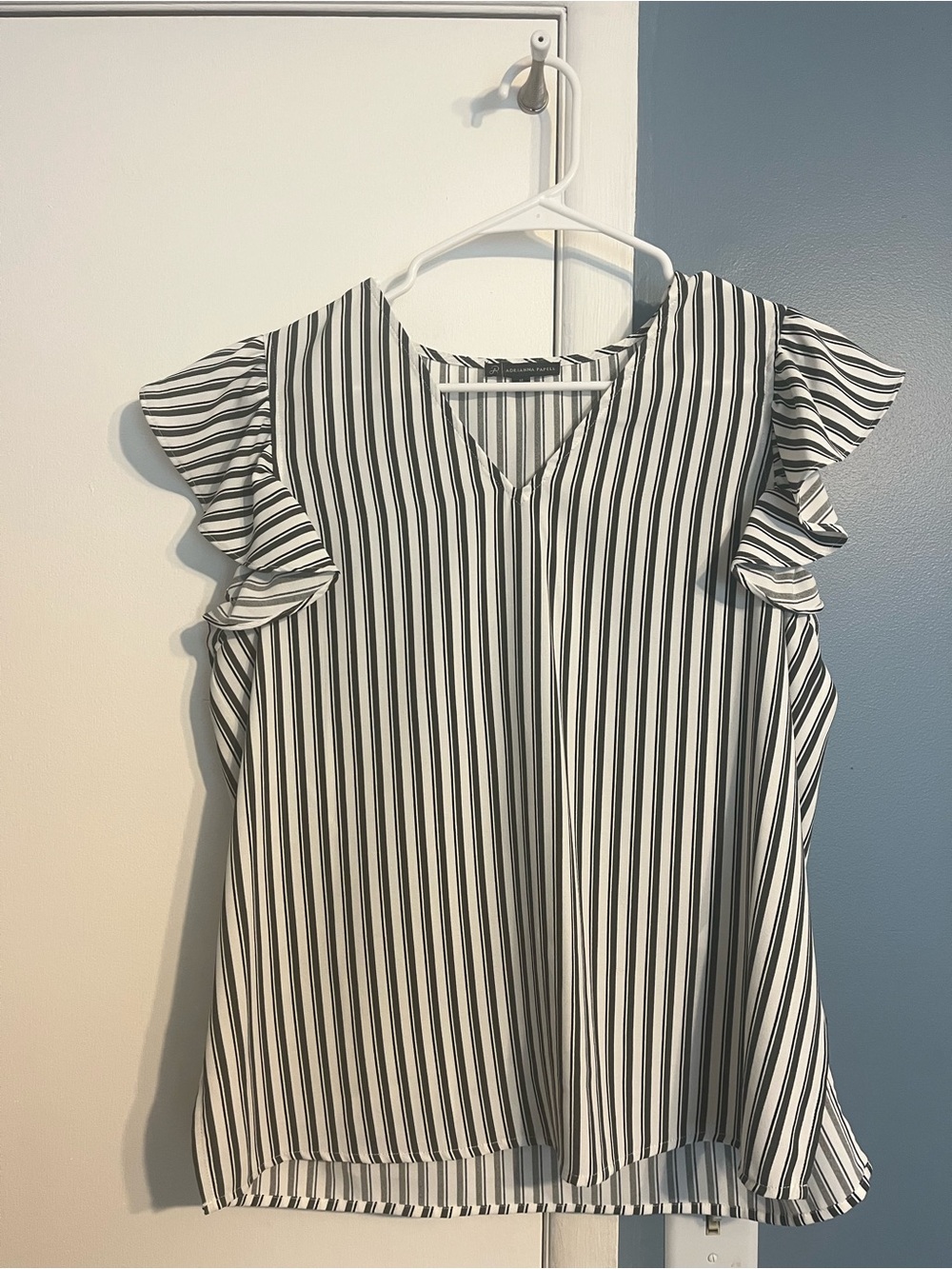 Adrianna Papell Black & White Vertical Stripe V-Neck Blouse
